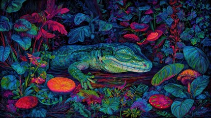 Fototapeta premium A sleeping lizard amidst vibrant, luminous flora.