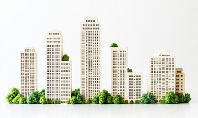 Fototapeta premium Cityscape miniature buildings and green trees against white background