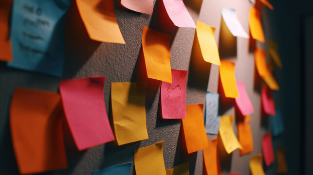Colorful sticky note collection on wall for vibrant brainstorming session. busy board shows organization, planning, and creative thinking for project in modern office