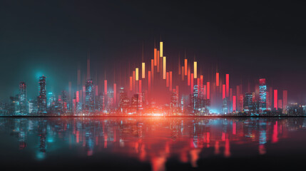 Futuristic city skyline at night with glowing graph representing stock market data. financial chart shows dynamic growth with vibrant reflection on water below