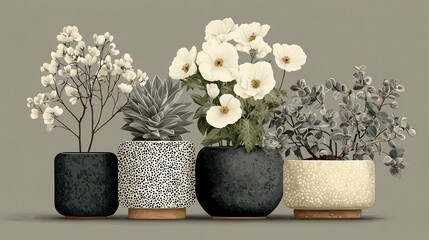 Stylish Monochrome Botanical Print:  Elegant Potted Plants in Modern Vases, Neutral Color Palette, Home Decor Art