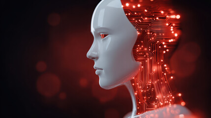Pensive humanoid robot android with calm face shows corruption in its system. Red light from its network reveals failure of its artificial intelligence technology in future