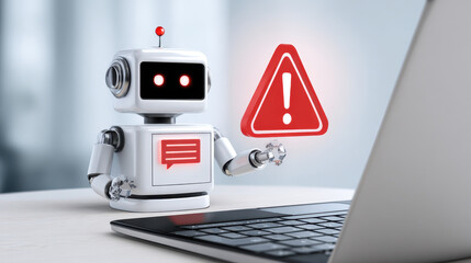 Menacing bot scammer impersonating bank chatbot holds red warning sign. This artificial intelligence represents cybersecurity threat and an internet fraud danger