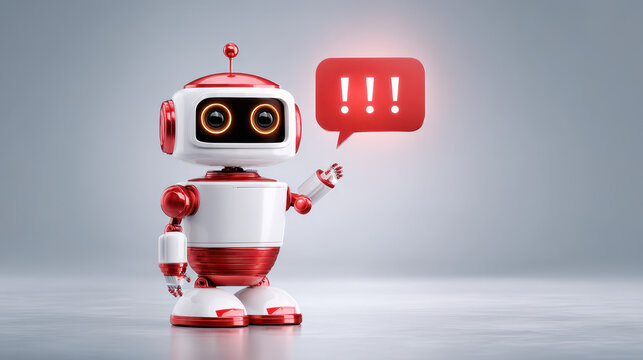 Urgent red robot character gives warning alert with an exclamation mark. chatbot bot signals technology problem, scam error, or critical security notification - Powered by Adobe
