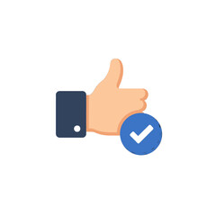 Obraz premium A thumbs up hand gesture with a blue verification checkmark badge, symbolizing approval and confirmation.