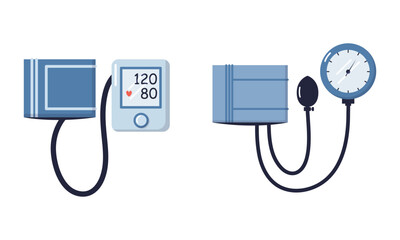 Modern digital&nbsp;and manual blood pressure monitors isolated on white background medical&nbsp;equipment flat vector
