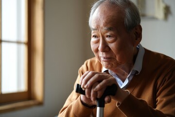Pensive Senior Man Leaning on Cane by Window