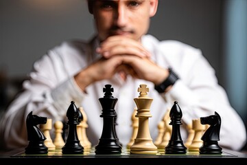 Focused man in white shirt contemplating his next move with chess pieces lined up on a table