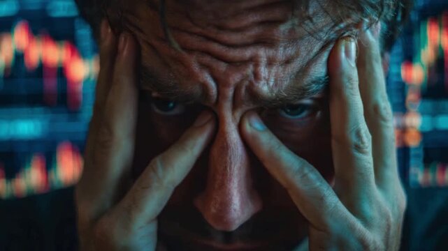 Financial Distress: A close-up shot of a stressed individual experiencing a difficult situation, possibly financial setbacks or market analysis.