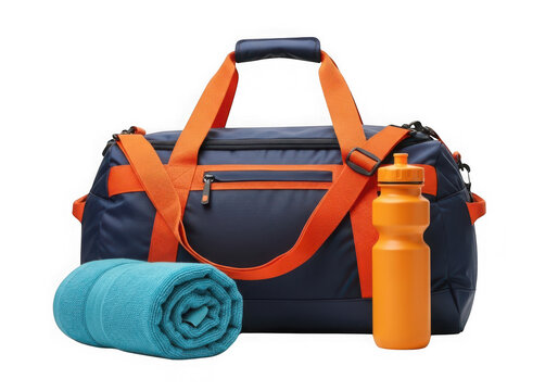 Blue and orange duffel bag with towel and water bottle isolated on transparent background