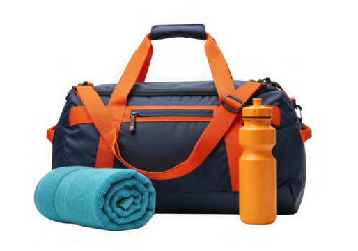 Blue and orange duffel bag with towel and water bottle isolated on transparent background