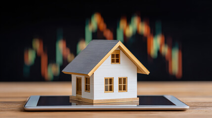 Miniature house model on digital tablet with financial stock chart background. Concept for real estate investment, property market risk, price decline, and housing crisis