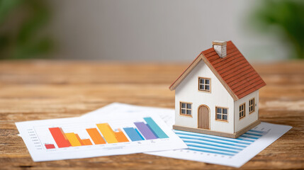 Focused real estate investment concept showing miniature house model on wooden table with financial chart and graph for property market analysis and future growth planning