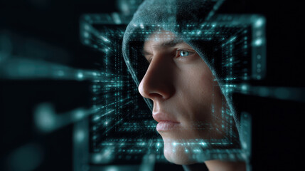Focused hacker in hoodie with serious expression inside an abstract digital tunnel. This concept represents cybersecurity, surveillance, AI, and futuristic technology