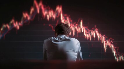 Market Downturn Reflection: A person stares in contemplation at a visual representation of the market decline, symbolizing financial struggles and economic instability. - Powered by Adobe