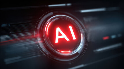 Intense artificial intelligence concept showing red glowing button with AI text on futuristic digital interface. Technology background for cyber system, automation and danger