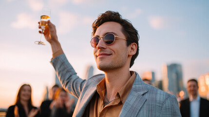 Plakat Happy, successful businessman raises champagne glass in toast at rooftop party. moment of joy and celebration with beautiful city skyline view during sunset