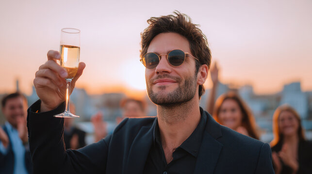 Happy confident businessman celebrating success with champagne toast at rooftop party during sunset. successful man holds drink at social gathering with colleagues - Powered by Adobe