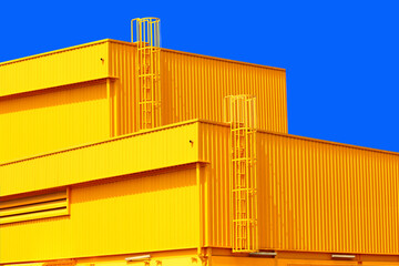 architecture design square shape corrugated wall geometric buiding. The factory warehouse is exterior decorated with corrugated texture to create a point of interest with beautyl