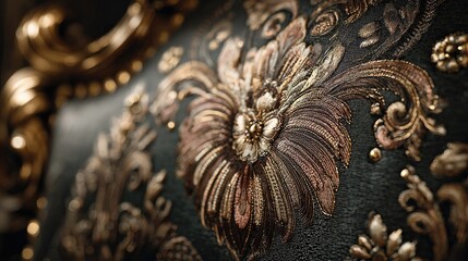 Ornate floral pattern on dark upholstered furniture