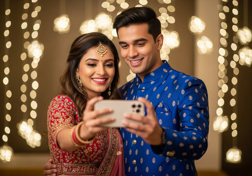 Celebrating diwali: Happy Indian Couple in Traditional Wear Taking a Selfie during Diwali Festival. Diwali celebration.
