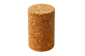 Close-up of a natural cork stopper, showcasing its textured surface and cylindrical shape, isolated on a dark background.
