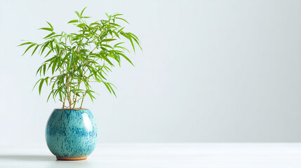 Small bamboo plant in a blue ceramic vase isolated on white background