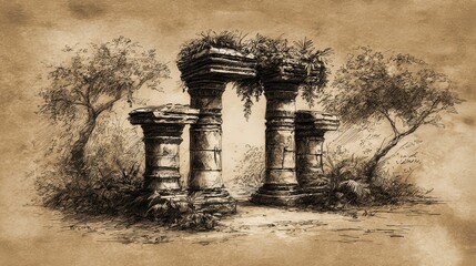 Fototapeta premium Ruined pillars in a jungle setting.