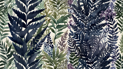 A beautiful seamless pattern of hand-painted watercolor leaves in shades of blue and purple on a white background.