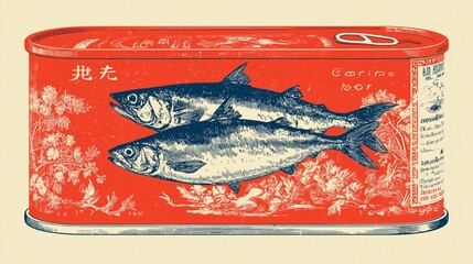Vintage Canned Fish Illustration: Retro Seafood Design, Red and Blue, Two Fish, Botanical Elements, Tin Can Label