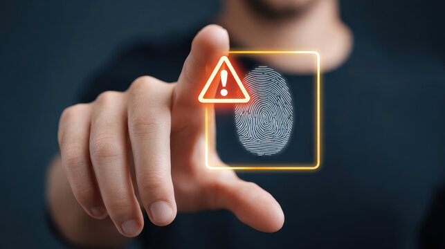 Man finger on virtual screen showing fingerprint scan failure. glowing warning icon indicates an authentication error, problem with security or unauthorized access