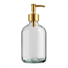 Obraz premium A clear glass bottle with a golden dispenser, symbolizing elegance and cleanliness. The transparent body allows a glimpse of the contents within