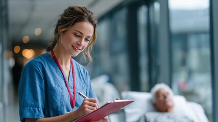 Nurse's Devotion: A caring nurse is meticulously documenting medical information, with compassion on her face and an older patient in the background, offering a glimpse of compassionate healthcare. - Powered by Adobe