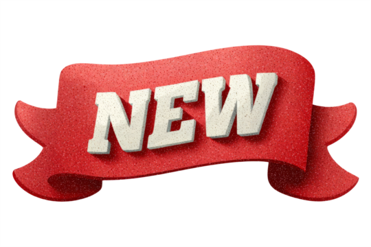 label with NEW text in red banner ribbon style, isolated on white