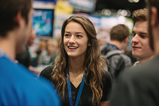 Young woman engages confidently with attendees at a trade show in an exhibition hall, showcasing vibrant conversation and networking opportunities among participants