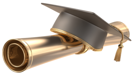 Graduation trophy shaped like cap and scroll, shiny metallic