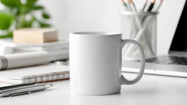 Mug on Desk: A clean and inviting shot of a white mug sitting on a modern workspace. The composition is designed to showcase the mug with the backdrop of office equipment and stationery.