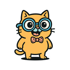 Cute cartoon orange cat with glasses and bow tie, vector illustration