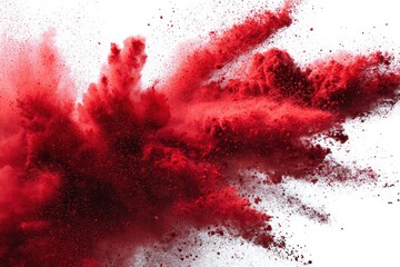 Bright red powder bursts in an energetic explosion against a white backdrop, showcasing the beauty and vibrancy of color in a dynamic display of particles