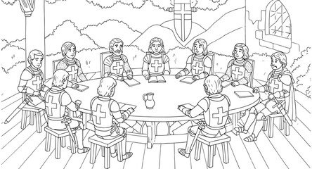 Medieval knights planning strategy at round table in line art style
