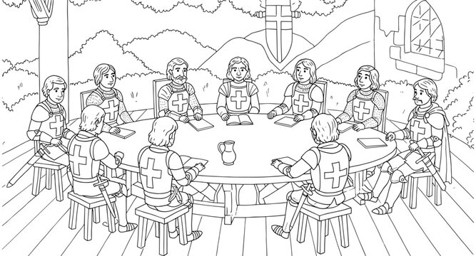 Medieval knights planning strategy at round table in line art style