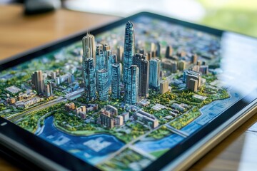 Tablet with detailed futuristic cityscape
