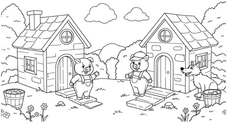 Obraz premium Charming pig characters in a fairy tale wood scene for kids’ coloring fun