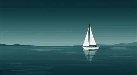 Fototapeta premium Sailboat on calm water, teal hues, with mountain outlines in the background