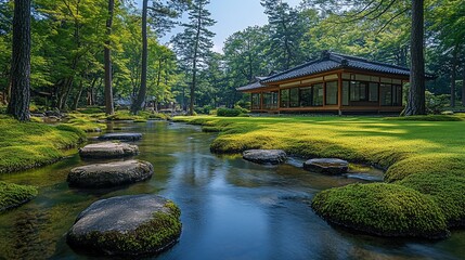 Obraz premium Japanese garden scene featuring stream, stepping stones, and traditional architecture