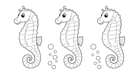 Obraz premium Playful seahorse trio in black and white outline art with bubbles