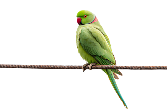 Rose-ringed parakeet perched on a cable, also known as the ringneck parrot, isolated on transparent background.

