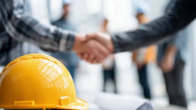 Construction Deal: A close-up shot captures a construction deal, emphasizing a handshake, with a vibrant yellow hard hat and blueprints in the foreground