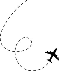 Airplane with dotted line route. Flying plane with twisted, curved, dashed trace path. Route icon - two points with dotted path. Route location transparent PNG and vector illustration. © Volodymyr