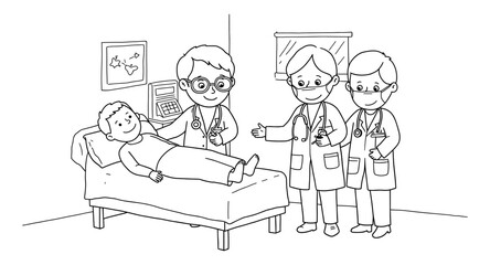 Pediatric healthcare team checking on young patient in hospital room line art